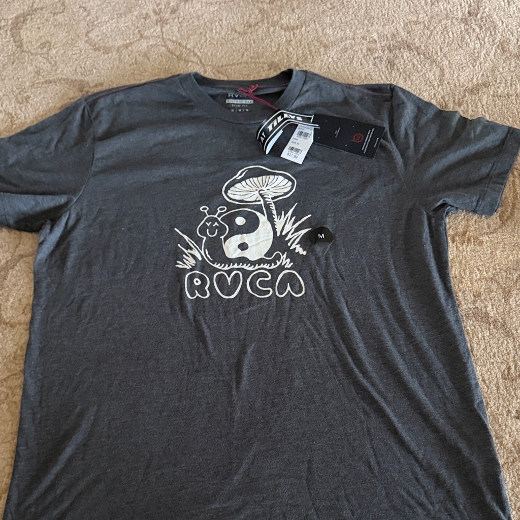 Rvca Charcoal Short Sleeve Tee With White Mushroom Snail Graphic